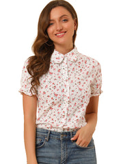 Floral Printed Peter Pan Collar Cotton Short Sleeve Shirt