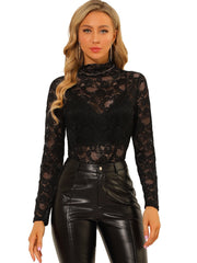 See Through Long Sleeve Turtleneck Sheer Floral Lace Blouse