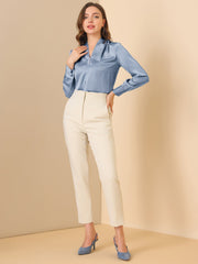 V Neck Decor Beaded Long Sleeve Office Pleated Satin Blouse Top