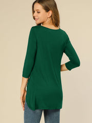 3/4 Sleeve Round Neck Button Decor Casual Stretchy Tunic Tops