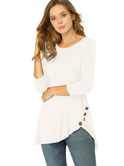 3/4 Sleeve Round Neck Button Decor Casual Stretchy Tunic Tops