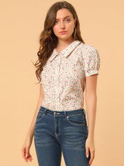Puff Sleeve Shirt Point Collar Top Button Down Floral Blouse