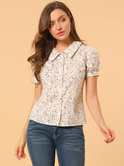 Puff Sleeve Shirt Point Collar Top Button Down Floral Blouse