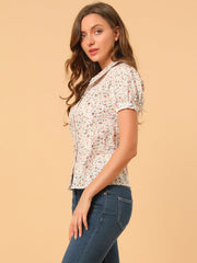 Puff Sleeve Shirt Point Collar Top Button Down Floral Blouse