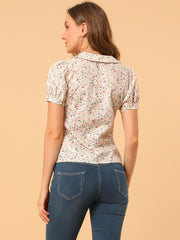 Puff Sleeve Shirt Point Collar Top Button Down Floral Blouse