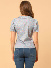 Puff Sleeve Shirt Point Collar Top Button Down Floral Blouse