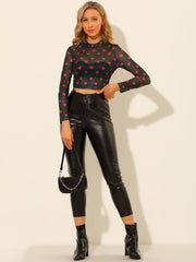 Semi-Sheer Sexy Heart Mesh Crop Top Long Sleeve Blouse