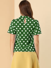 Polka Dots Stand Collar Pleat Keyhole Short Flare Sleeve Blouse