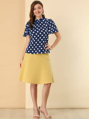Polka Dots Stand Collar Pleat Keyhole Short Flare Sleeve Blouse