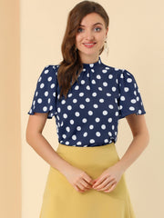Polka Dots Stand Collar Pleat Keyhole Short Flare Sleeve Blouse