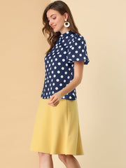 Polka Dots Stand Collar Pleat Keyhole Short Flare Sleeve Blouse