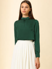 Satin Blouse Puff Sleeve Stand Collar Work Top