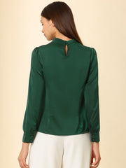 Satin Blouse Puff Sleeve Stand Collar Work Top