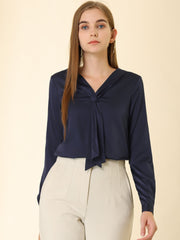 Satin Tie Neck Long Sleeve Solid Color Elegant Office Work Shirt Top
