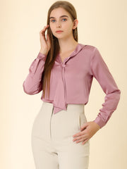 Satin Tie Neck Long Sleeve Solid Color Elegant Office Work Shirt Top