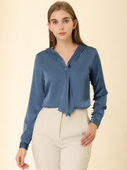 Satin Tie Neck Long Sleeve Solid Color Elegant Office Work Shirt Top