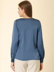 Satin Tie Neck Long Sleeve Solid Color Elegant Office Work Shirt Top