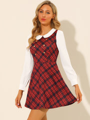 Peter Pan Collar Contrast Color Button Decor Plaid Dress