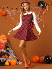 Peter Pan Collar Contrast Color Button Decor Plaid Dress