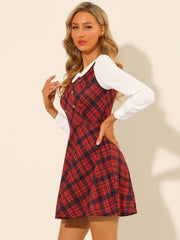 Peter Pan Collar Contrast Color Button Decor Plaid Dress