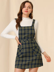 Plaid Tartan Button Decor A-Line Pinafore Overall Dress