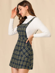 Plaid Tartan Button Decor A-Line Pinafore Overall Dress