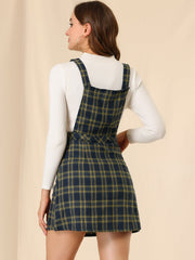 Plaid Tartan Button Decor A-Line Pinafore Overall Dress