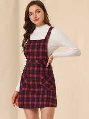 Plaid Tartan Button Decor A-Line Pinafore Overall Dress