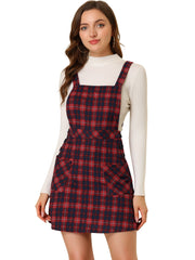 Plaid Tartan Button Decor A-Line Pinafore Overall Dress