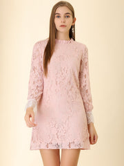 Lace Floral Ruffle Crew Neck Cocktail Mini Dress