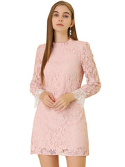 Lace Floral Ruffle Crew Neck Cocktail Mini Dress