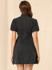 Denim Puff Short Sleeve Collared Button Down Mini Dress
