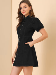 Denim Puff Short Sleeve Collared Button Down Mini Dress