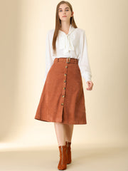High Waist Button Front Belted Corduroy A-Line Midi Skirt