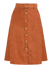 High Waist Button Front Belted Corduroy A-Line Midi Skirt
