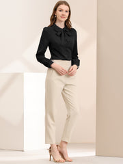 Peter Pan Collar Chiffon Bow Tie Neck Puff Sleeve Button Blouse