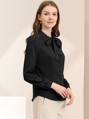 Peter Pan Collar Chiffon Bow Tie Neck Puff Sleeve Button Blouse