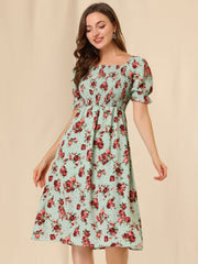 Square Neck Puff Sleeve Shirred Floral Casual Midi Dress