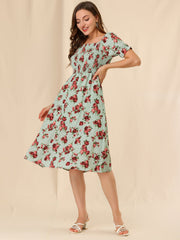 Square Neck Puff Sleeve Shirred Floral Casual Midi Dress