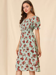 Square Neck Puff Sleeve Shirred Floral Casual Midi Dress
