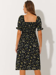 Square Neck Puff Sleeve Shirred Floral Casual Midi Dress