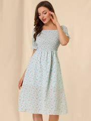 Square Neck Puff Sleeve Shirred Floral Casual Midi Dress