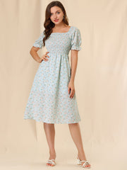 Square Neck Puff Sleeve Shirred Floral Casual Midi Dress
