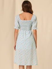 Square Neck Puff Sleeve Shirred Floral Casual Midi Dress