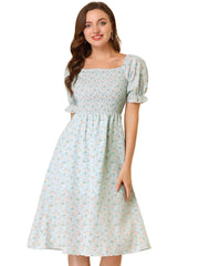 Square Neck Puff Sleeve Shirred Floral Casual Midi Dress