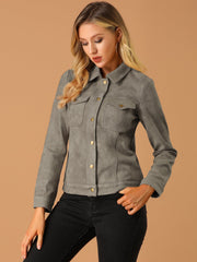Faux Suede Turn-Down Collar Flap Pocket Snap Button Jacket