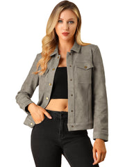 Faux Suede Turn-Down Collar Flap Pocket Snap Button Jacket