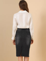 Casual High Waist Back Slit Stretch Denim Midi Jean Skirt