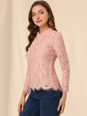 Lace Long Sleeve Ruffle Stand Neck Floral Blouse