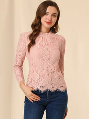 Lace Long Sleeve Ruffle Stand Neck Floral Blouse